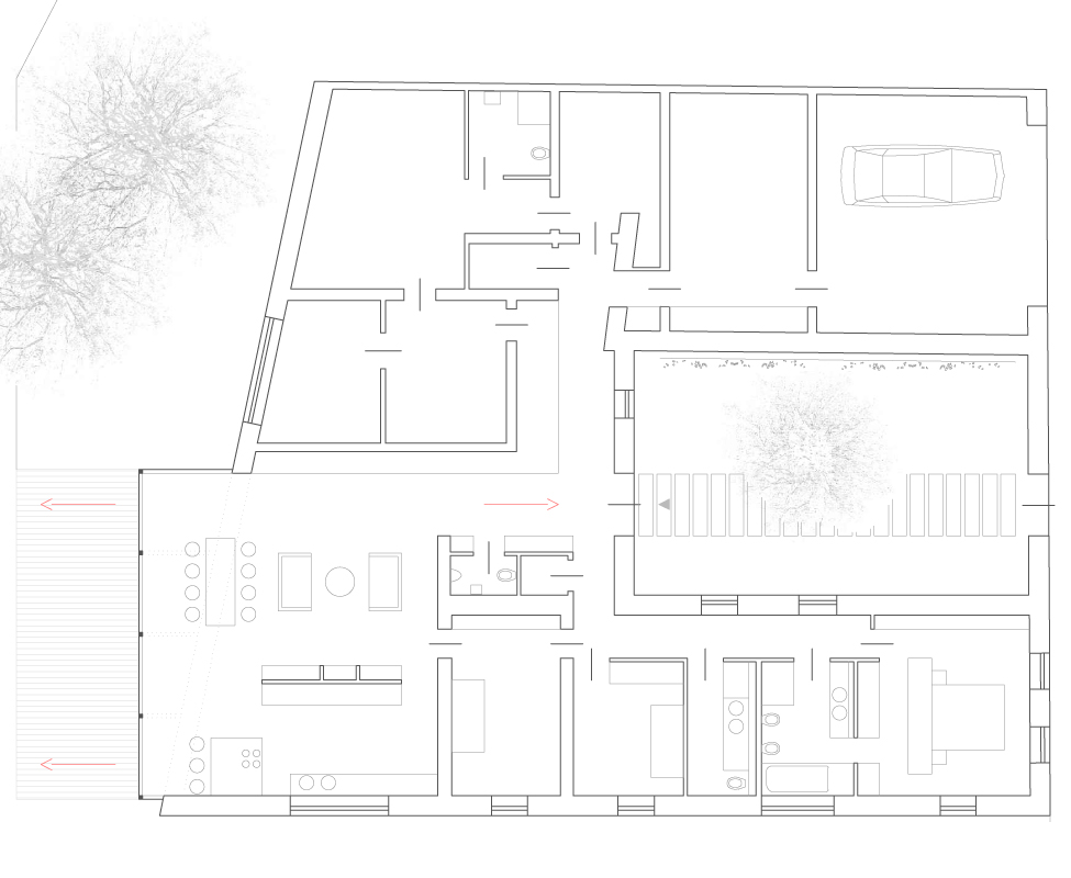 Zubau und Umbau eines alten Bauernhauses in ein Wohnhaus mit offenen, transparenten und lichtdurchfluteten Räumen. Eine großzügig verglaste Veranda Richtung Westen ermöglicht die Verbindung von innen und außen und schafft Durchblicke zwischen Garten und Innenhof